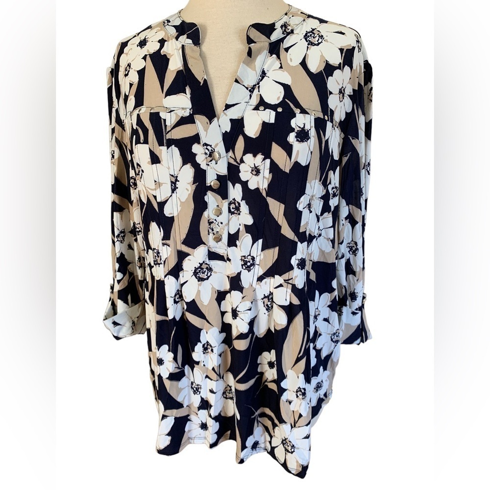 COCOMO XL Floral Blue Beige 3/4 sleeve women’s Pintuck Blouse tunic top … - Picture 6 of 12